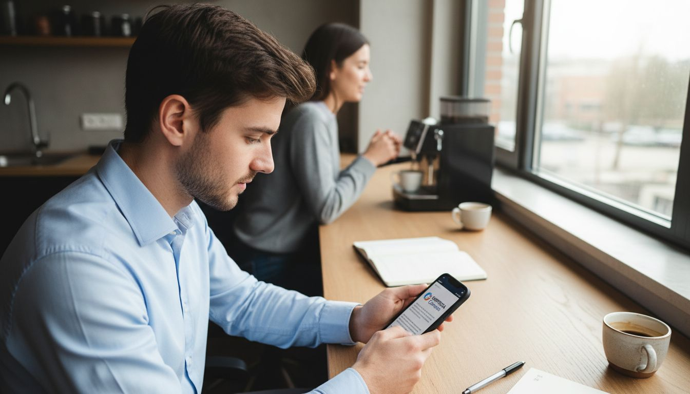 Profissional consulta rede social corporativa no telemóvel
