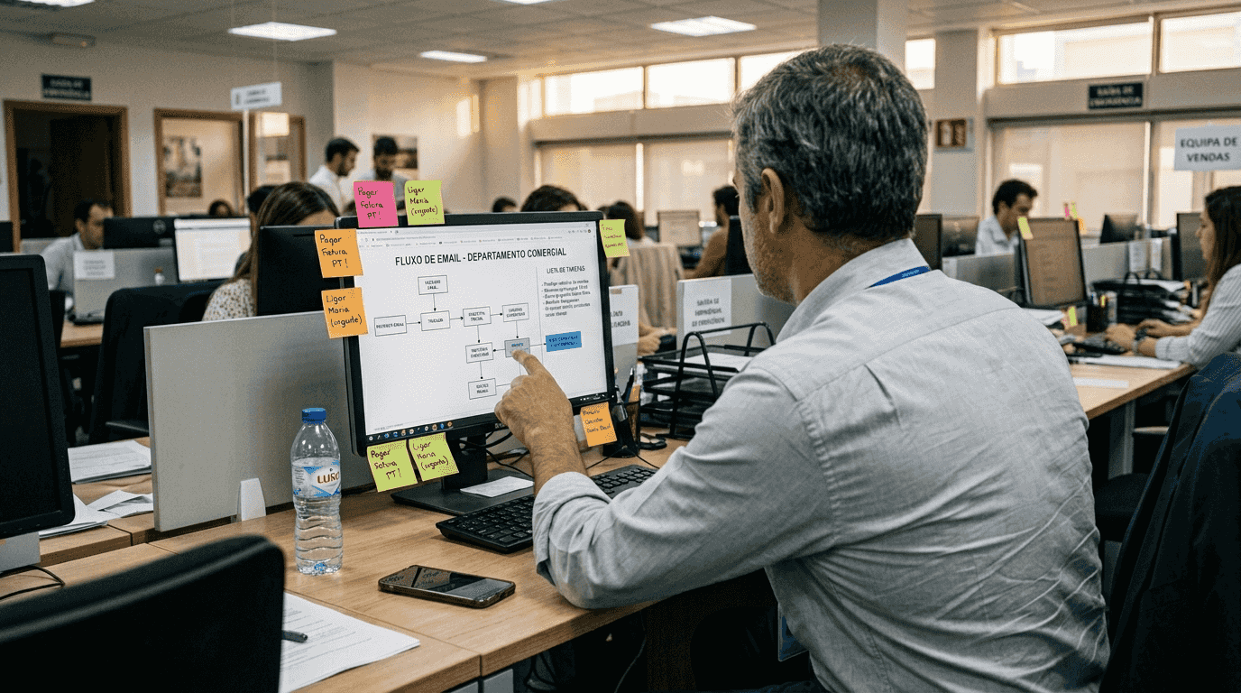 Homem a ajustar o fluxo de automatização de emails na secretária