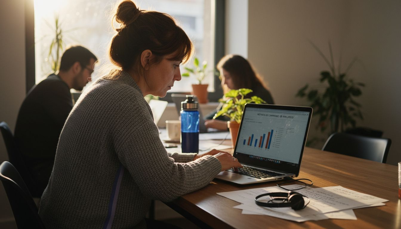 Especialista acompanha os resultados dos programas de afiliados no portátil.