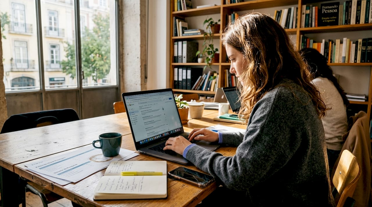 Mulher a trabalhar na criação de conteúdos para SEO numa mesa partilhada