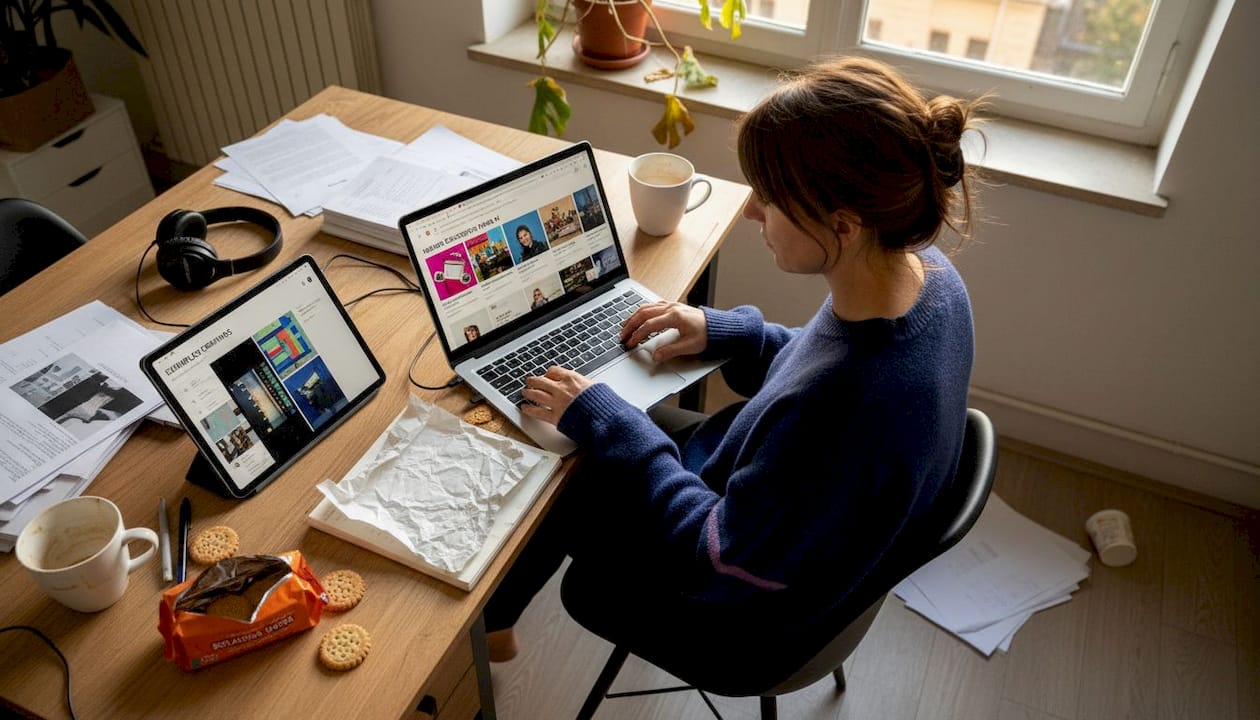 Profissional a trabalhar a partir de casa, a ajustar campanhas de remarketing e a otimizar criativos digitais.