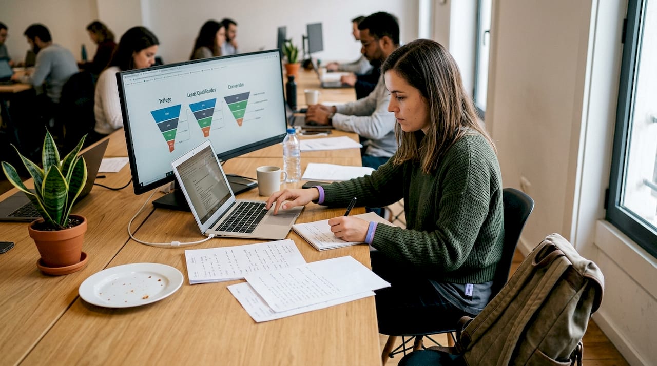 Profissional a criar conteúdos ajustados a cada etapa do funil