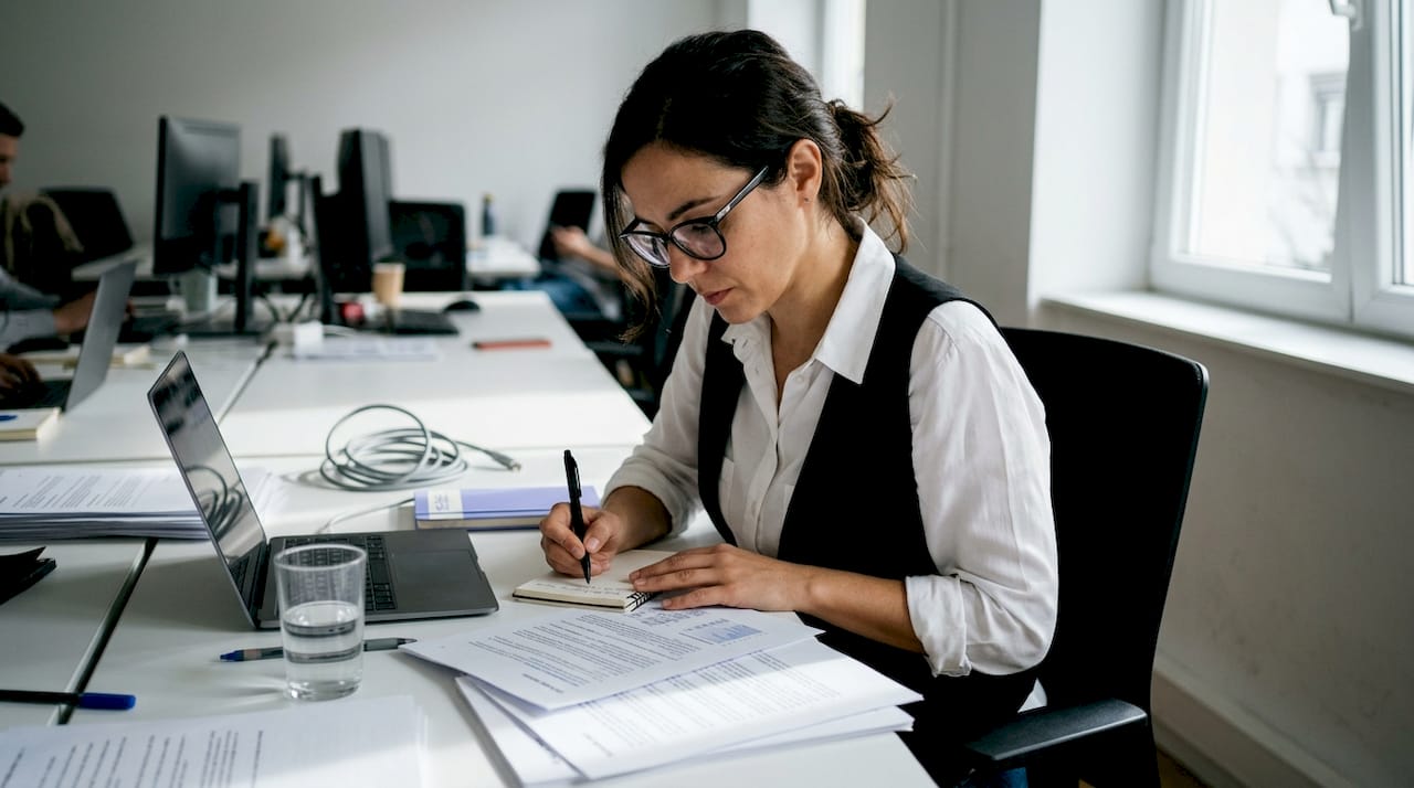 A gestora examina atentamente os relatórios em papel junto à secretária.