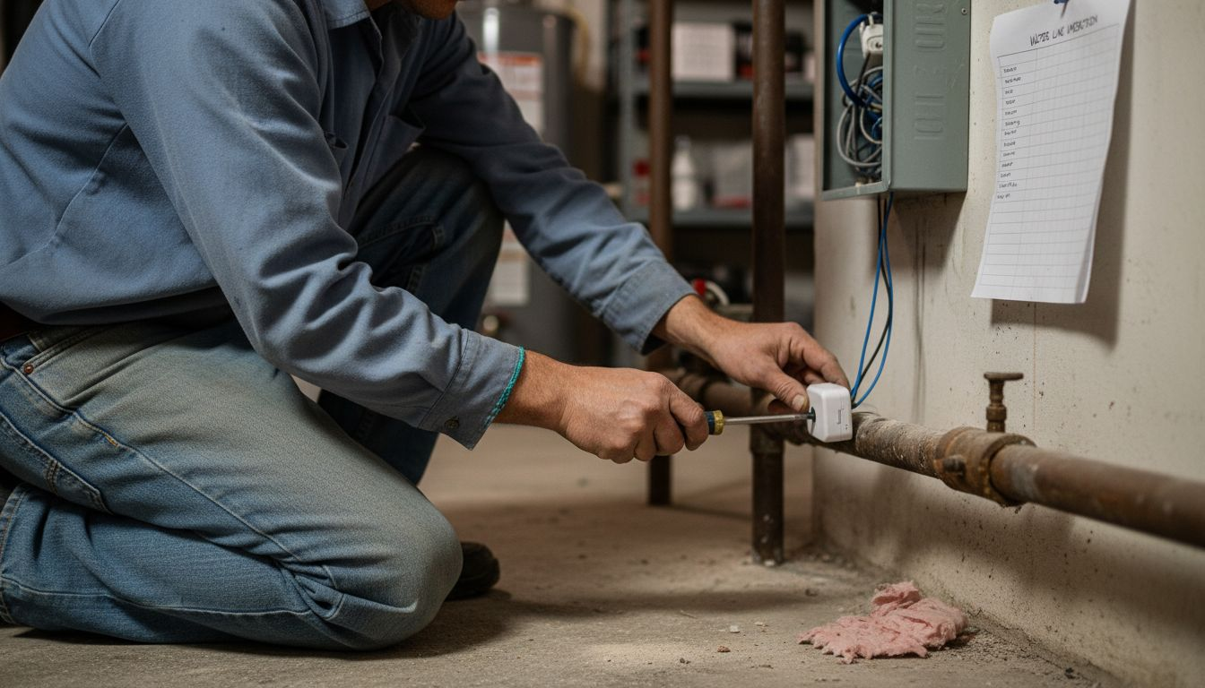 Worker installing smart water sensor in basement