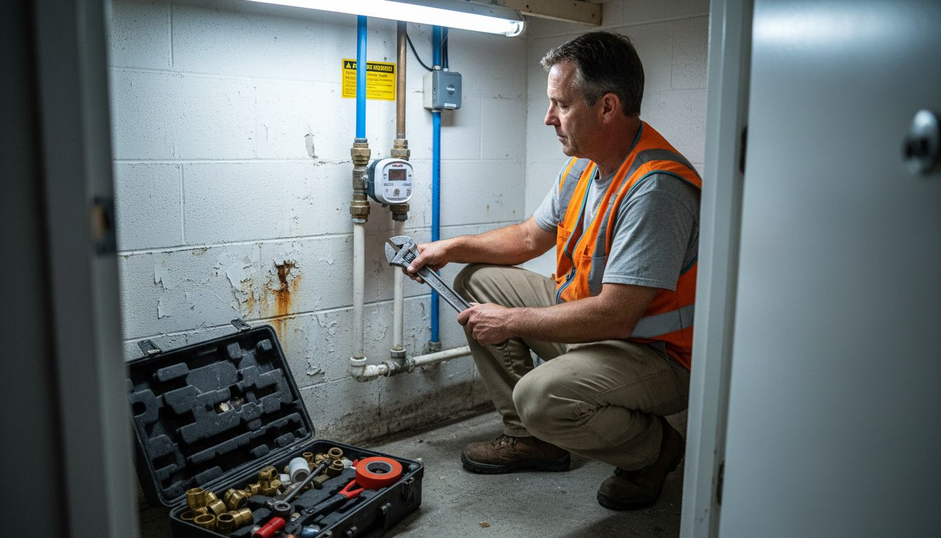 Technician installing smart water meter device