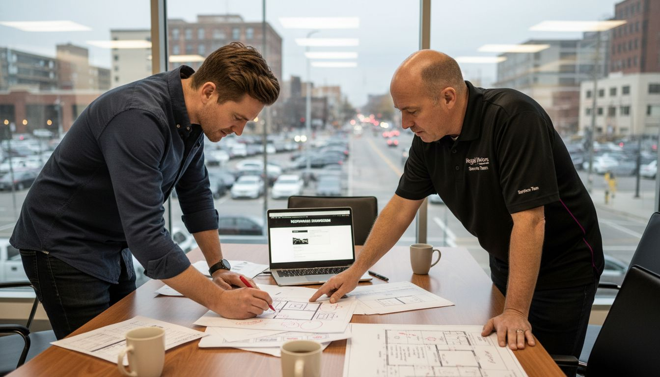 Web designer reviews sketches in dealership office