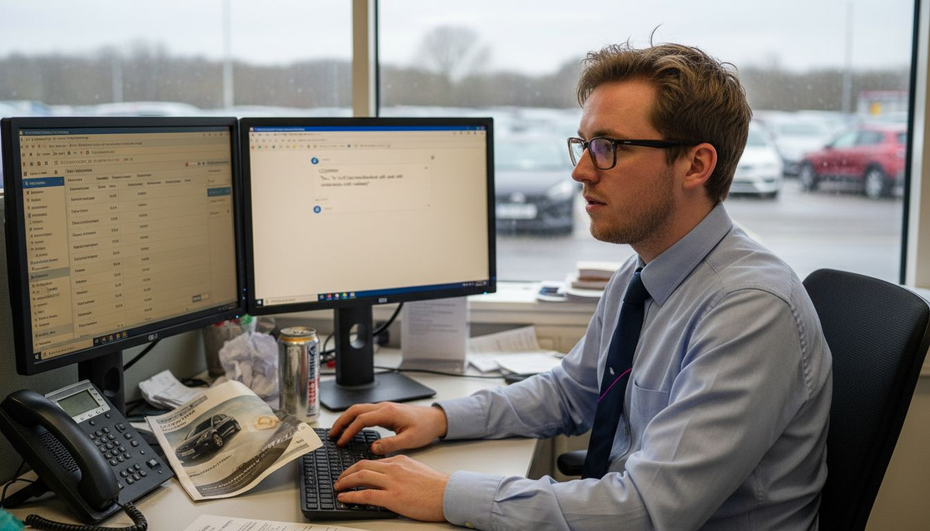 Sales consultant manages leads at computer desk