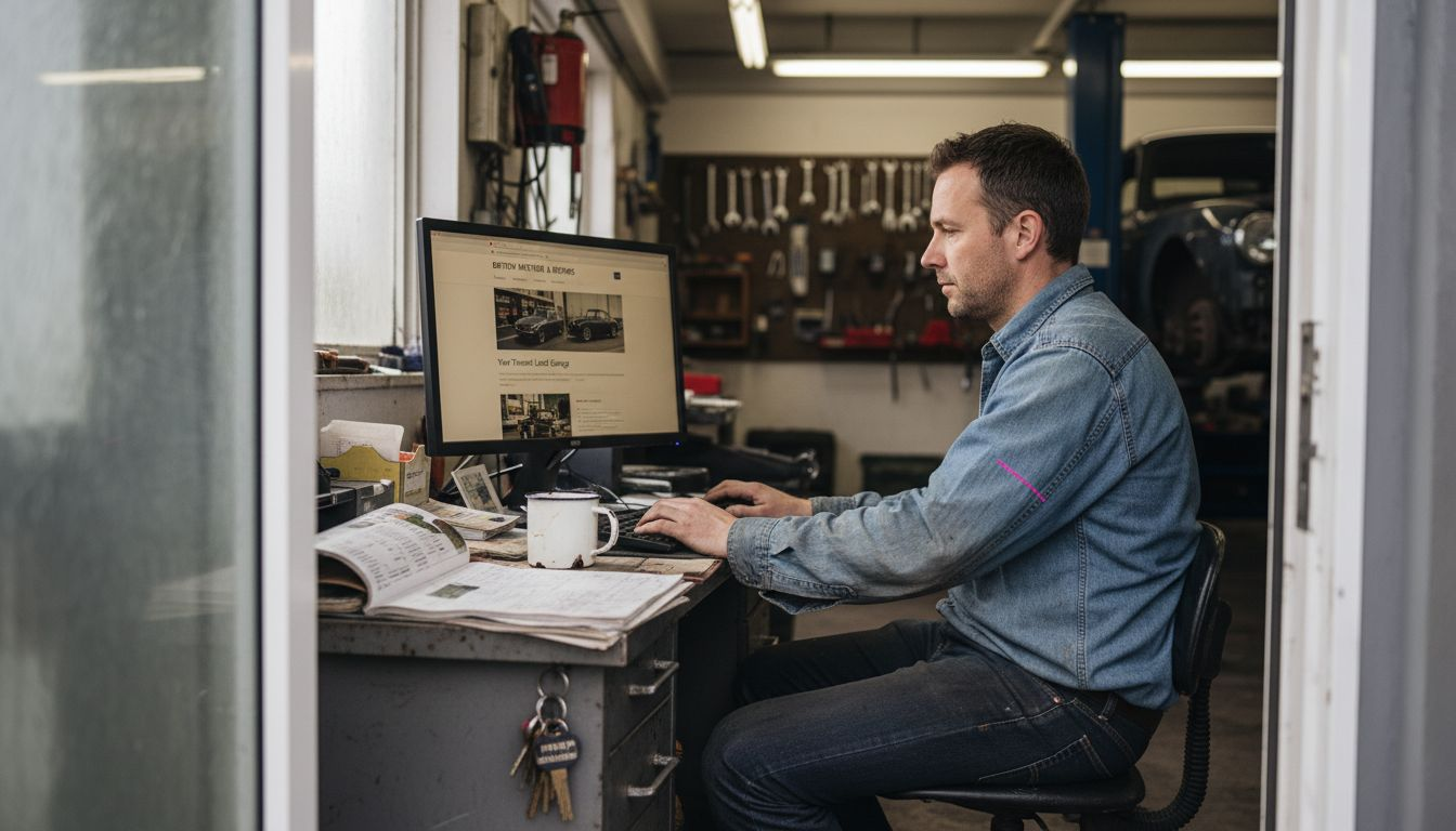 Garage owner updating automotive website at desk