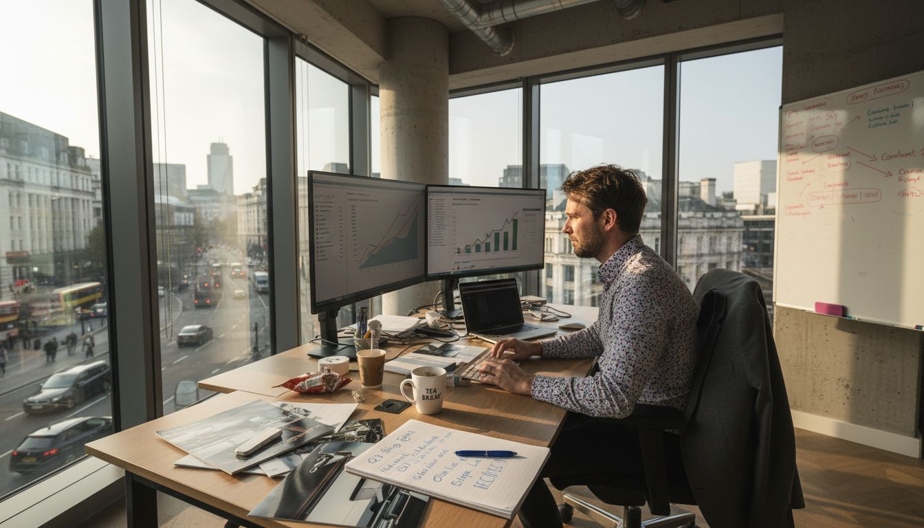 Marketer reviewing SEO analytics at desk
