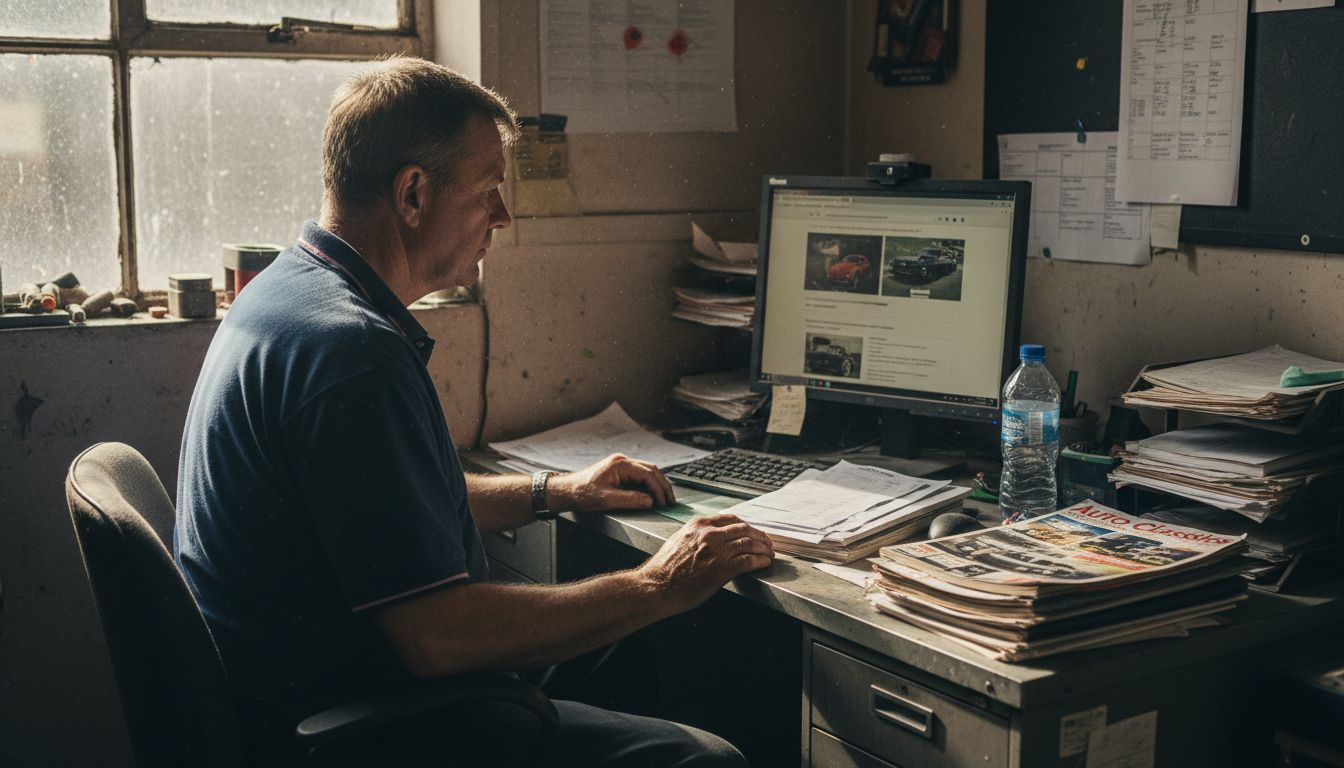 Garage owner checking website in office