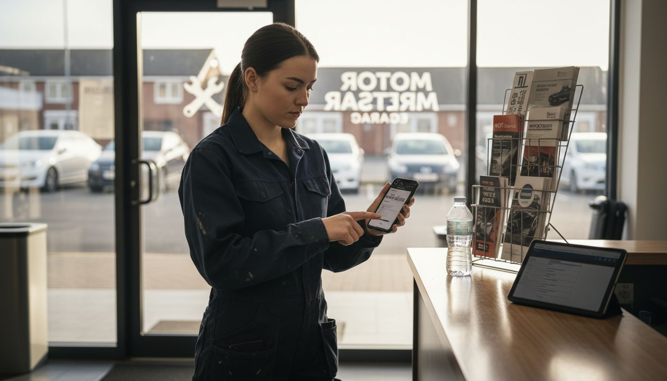 Garage technician testing site on phone