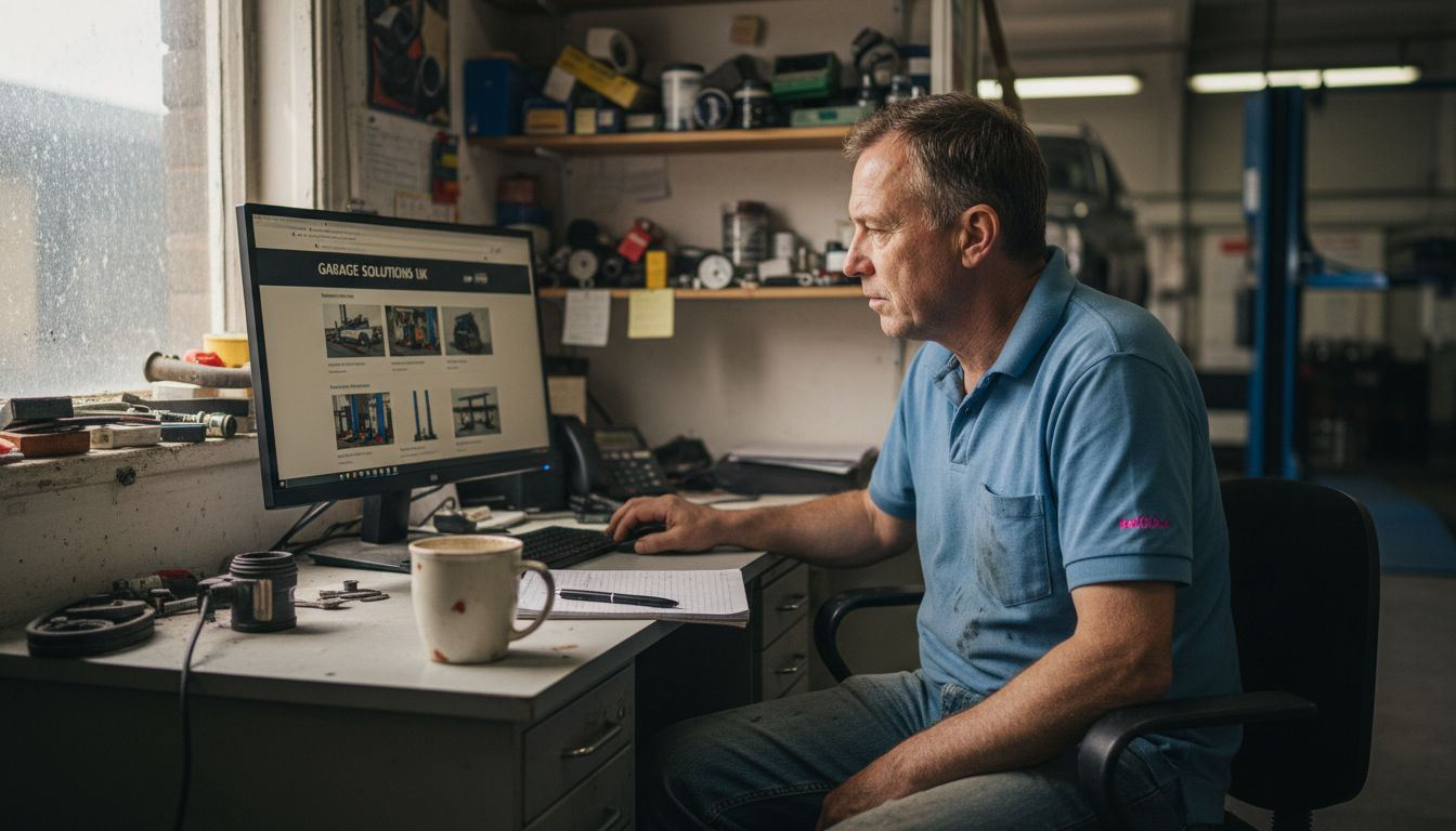 Garage owner examining website for professionalism