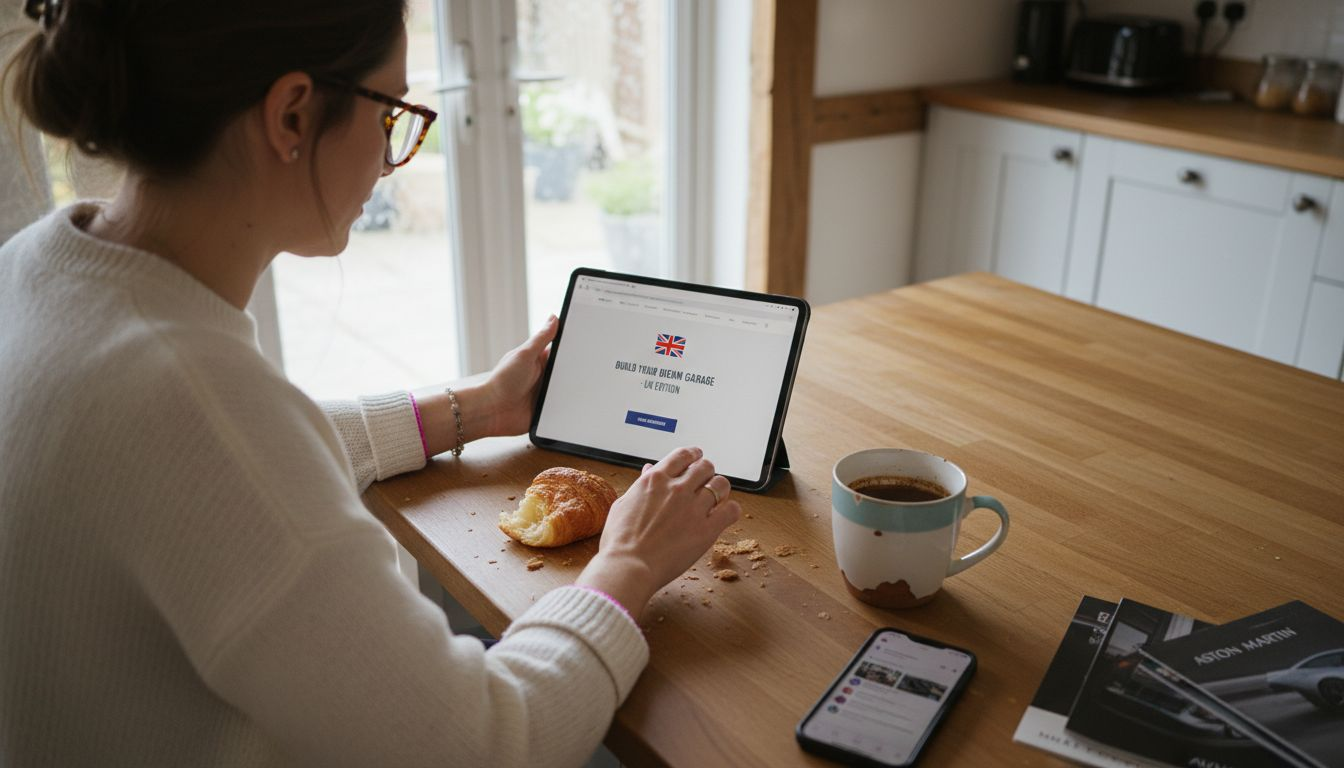Customer browsing car site at kitchen table