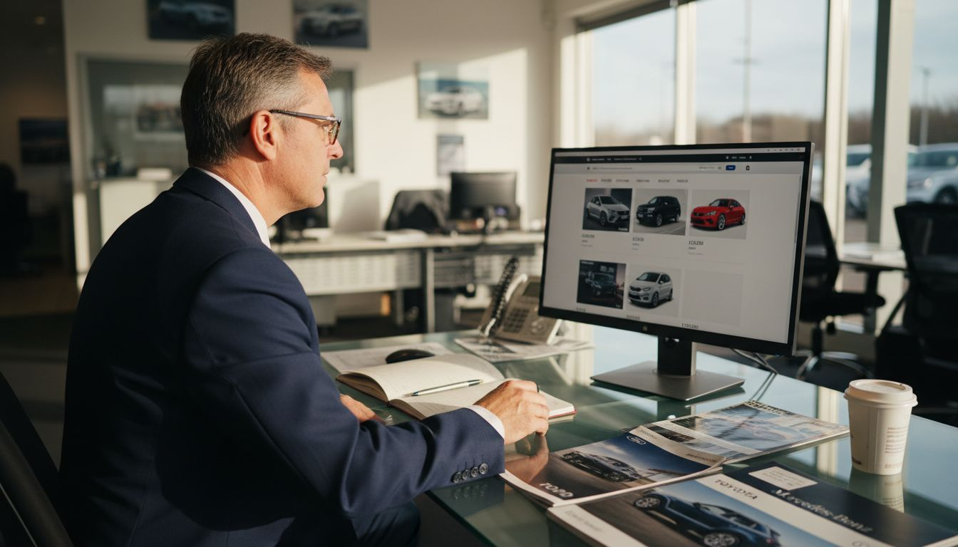 Dealership manager reviews car website at cluttered desk