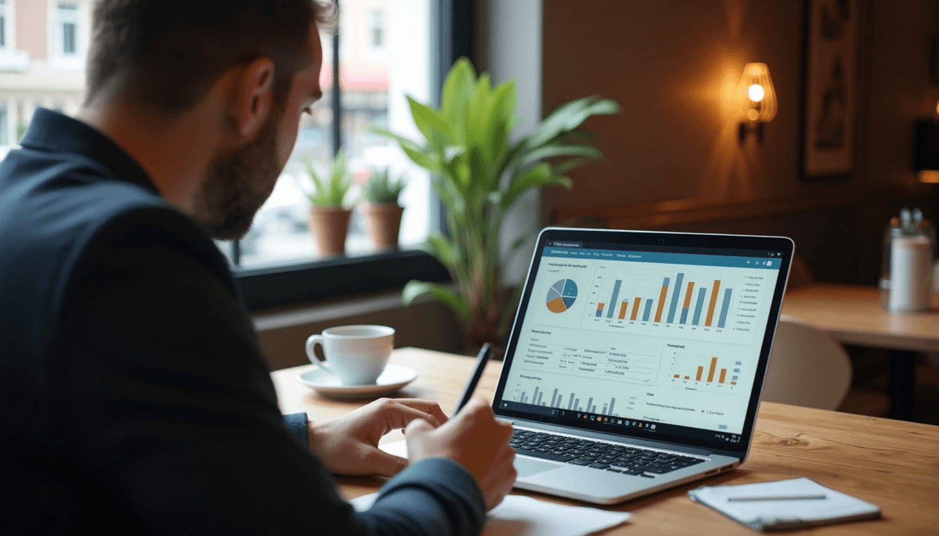 Entrepreneur studies advertentiekosten at café table with laptop