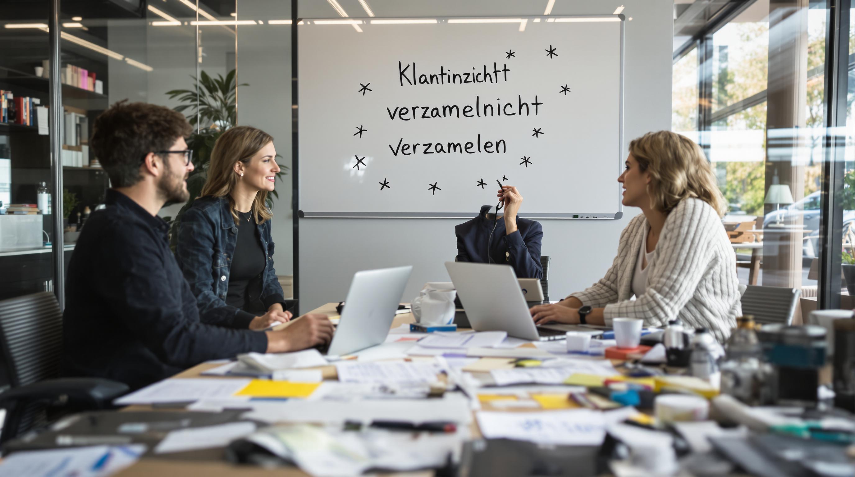 Team analyzes customer feedback, 'Klantinzicht verzamelen' on whiteboard