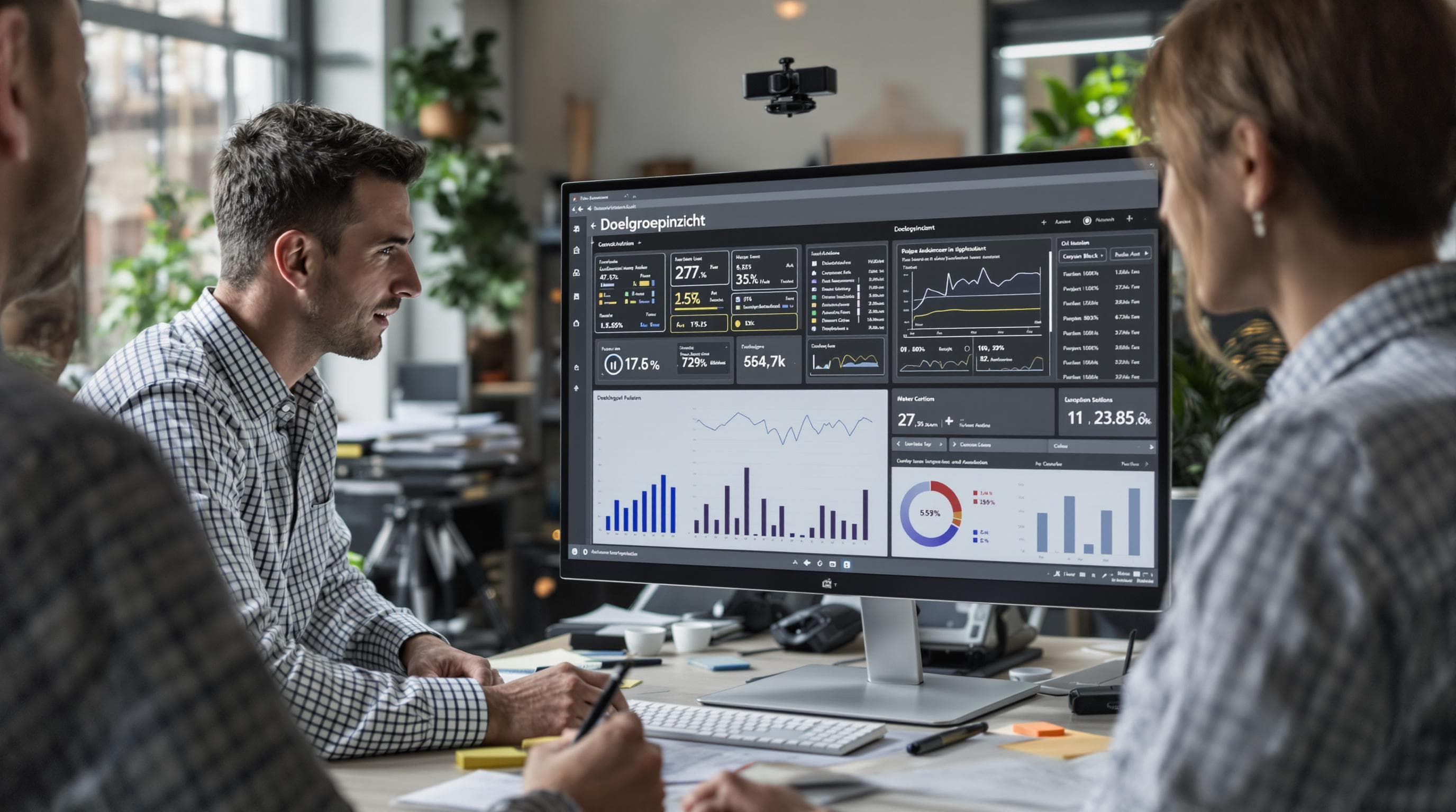 Marketing experts review Dutch customer analytics with the word 'Doelgroepinzicht' on the screen in a busy office.