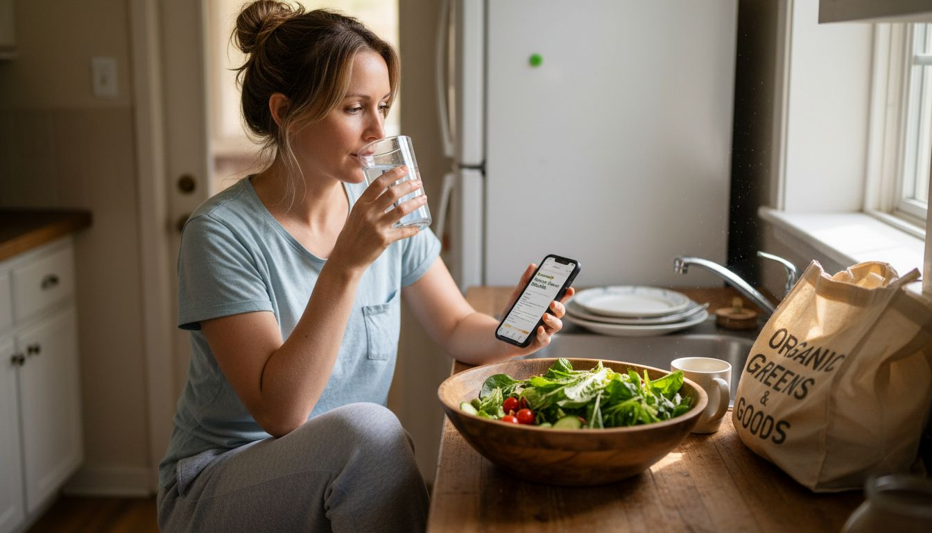 Woman prepares water and salad for detox