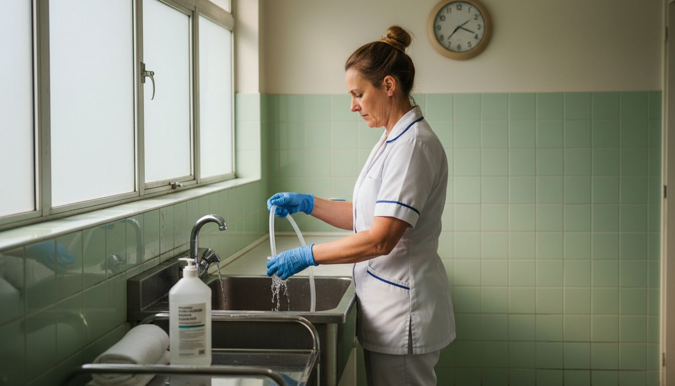 Nurse preparing colonic hydrotherapy equipment