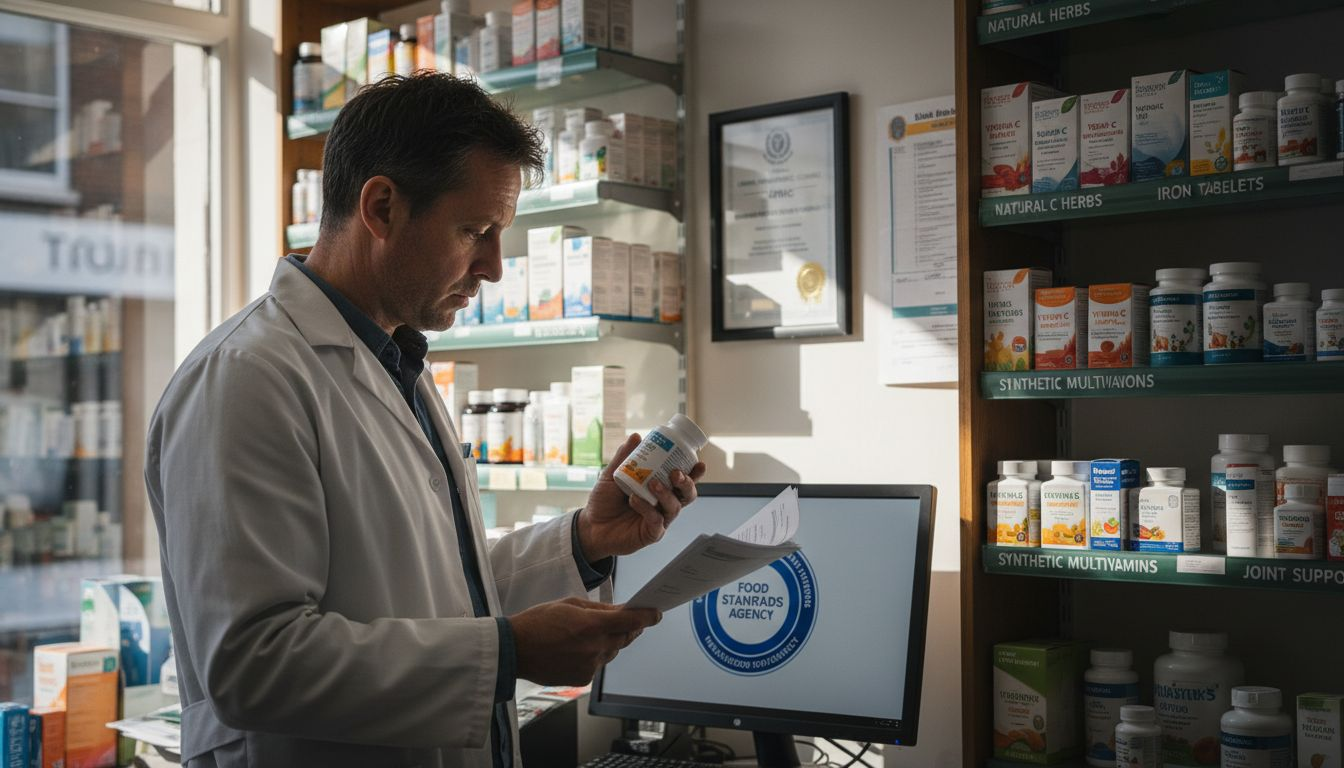 Pharmacist checking supplements for UK compliance