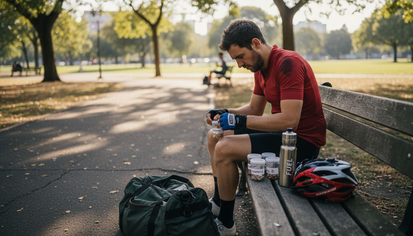 Cyclist sorting natural supplements in city park