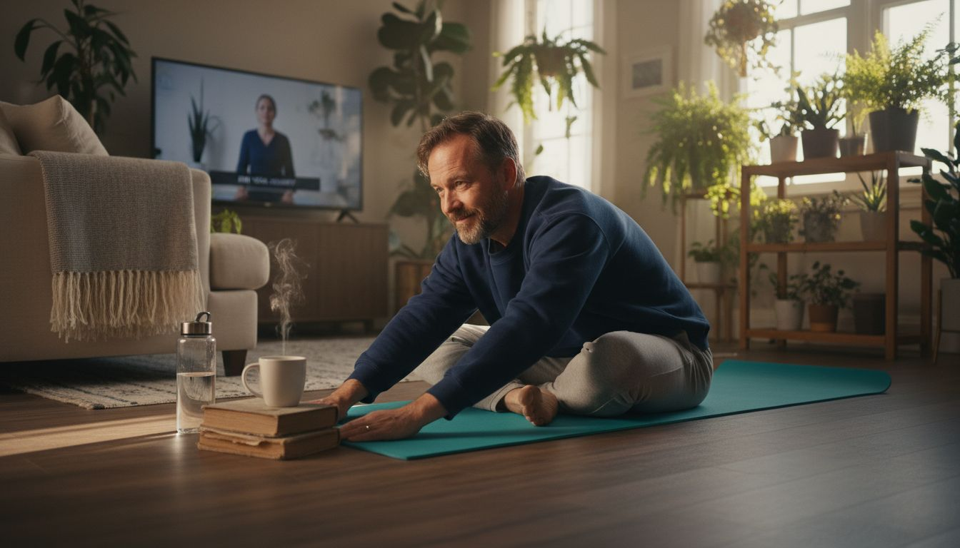 Man stretching on yoga mat at home
