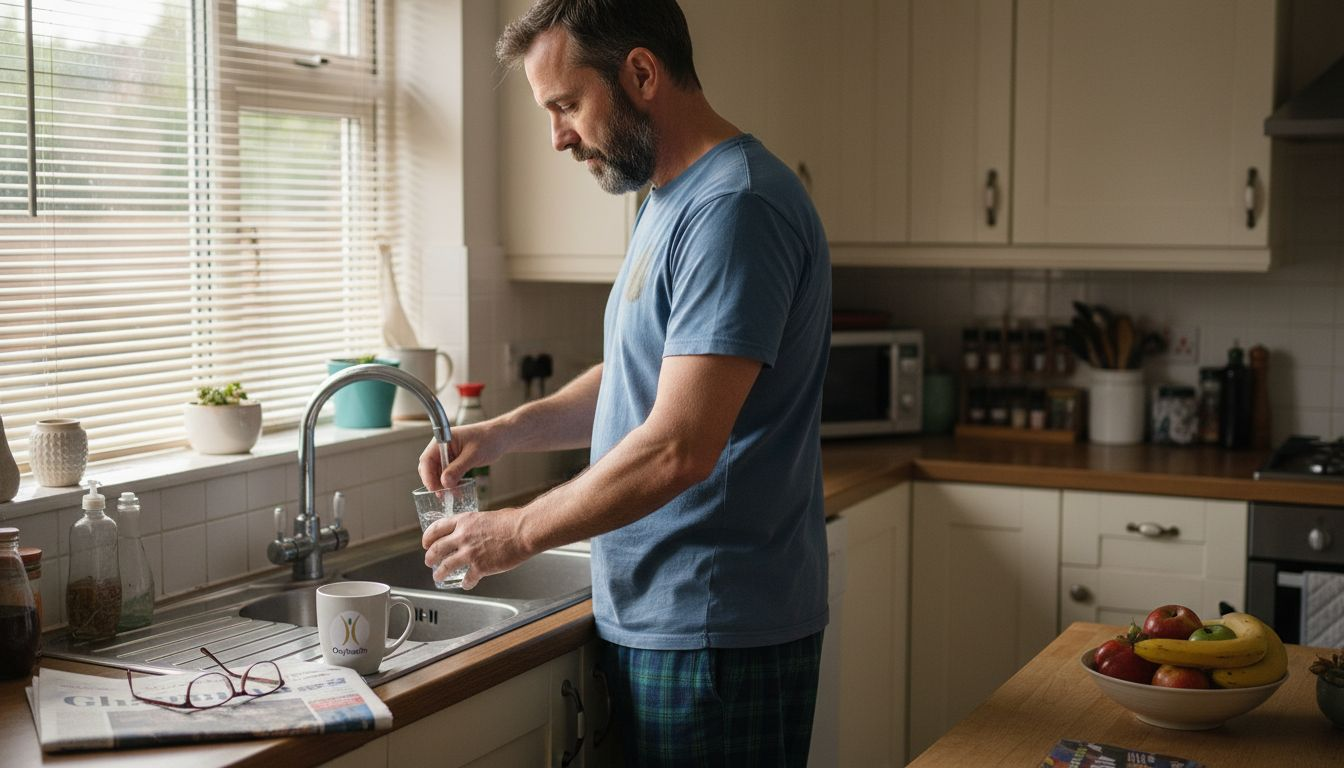 Man pouring water in home kitchen for detox