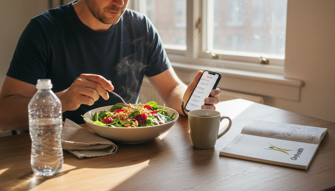 Man eating healthy detox meal at table