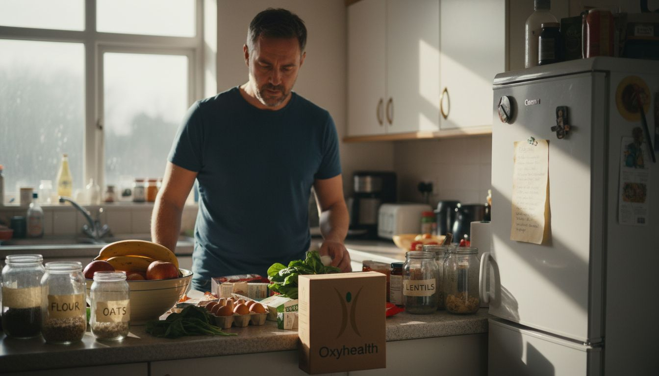 Man checking vitamin sources in kitchen