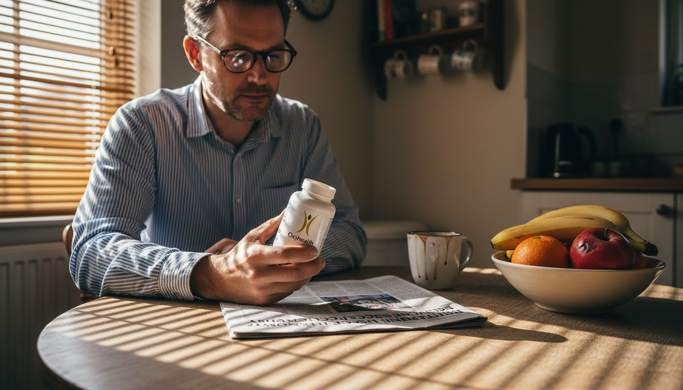 Man reading probiotic supplement label at kitchen table