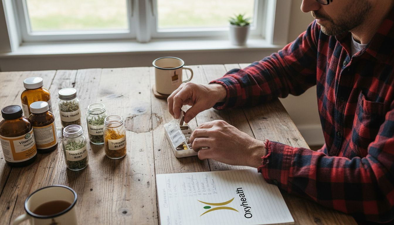 Man organizes herbal liver detox supplements