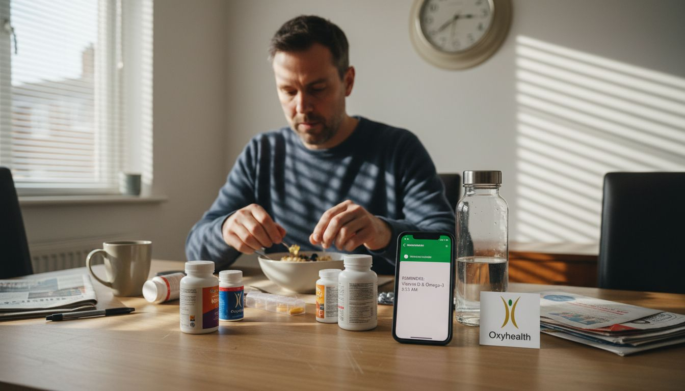 Man organizing vitamins with breakfast