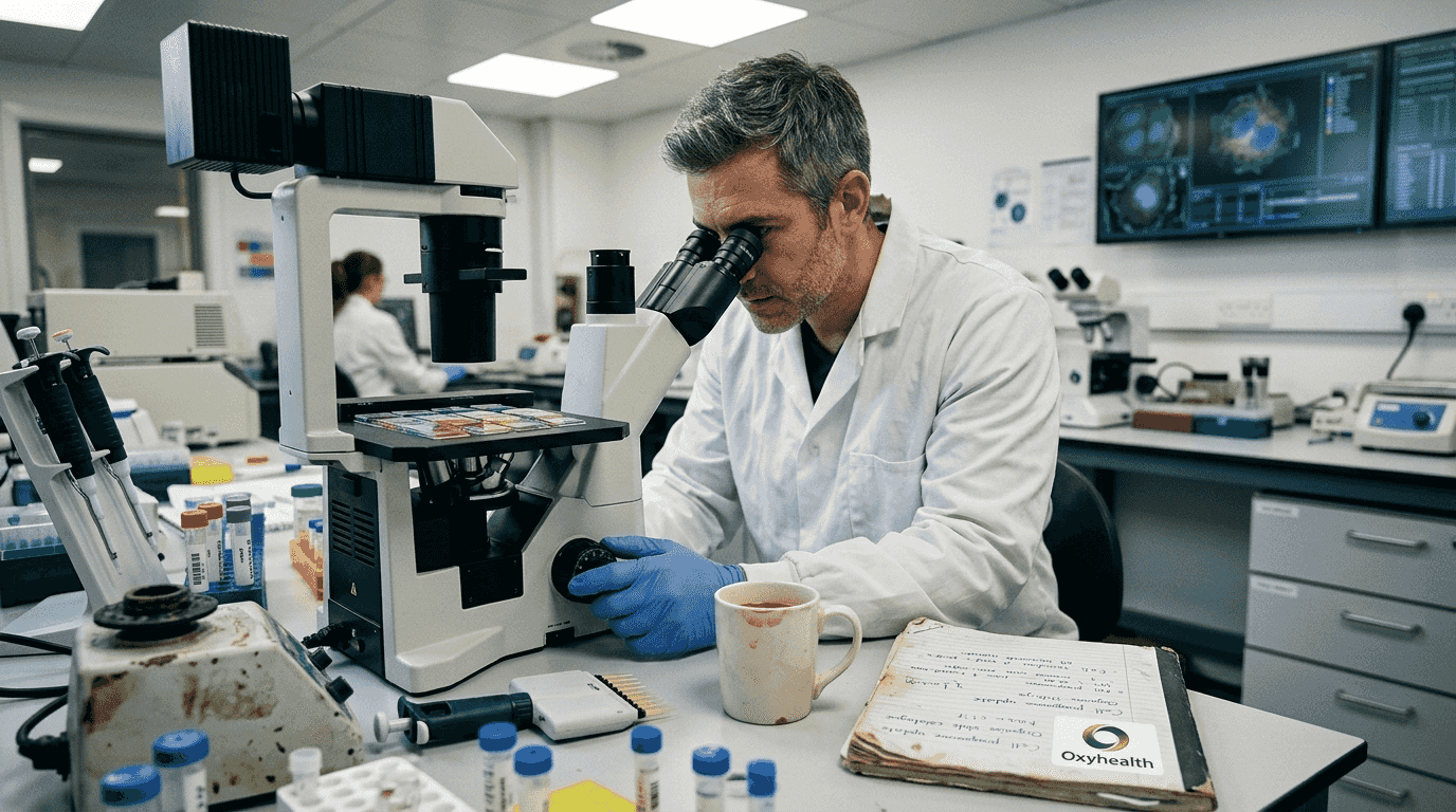 Scientist analyzing detox cell slides in lab