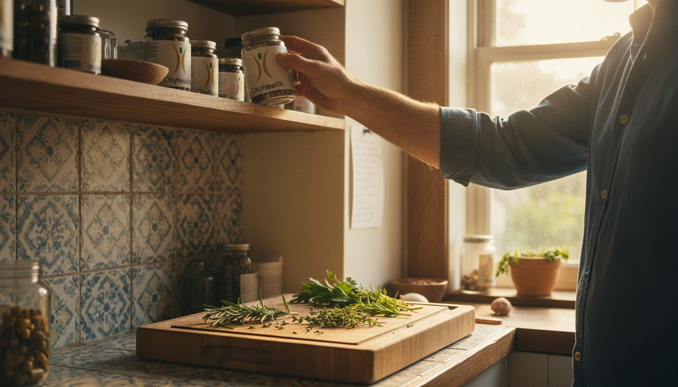 Man reaching for natural supplement jar on shelf