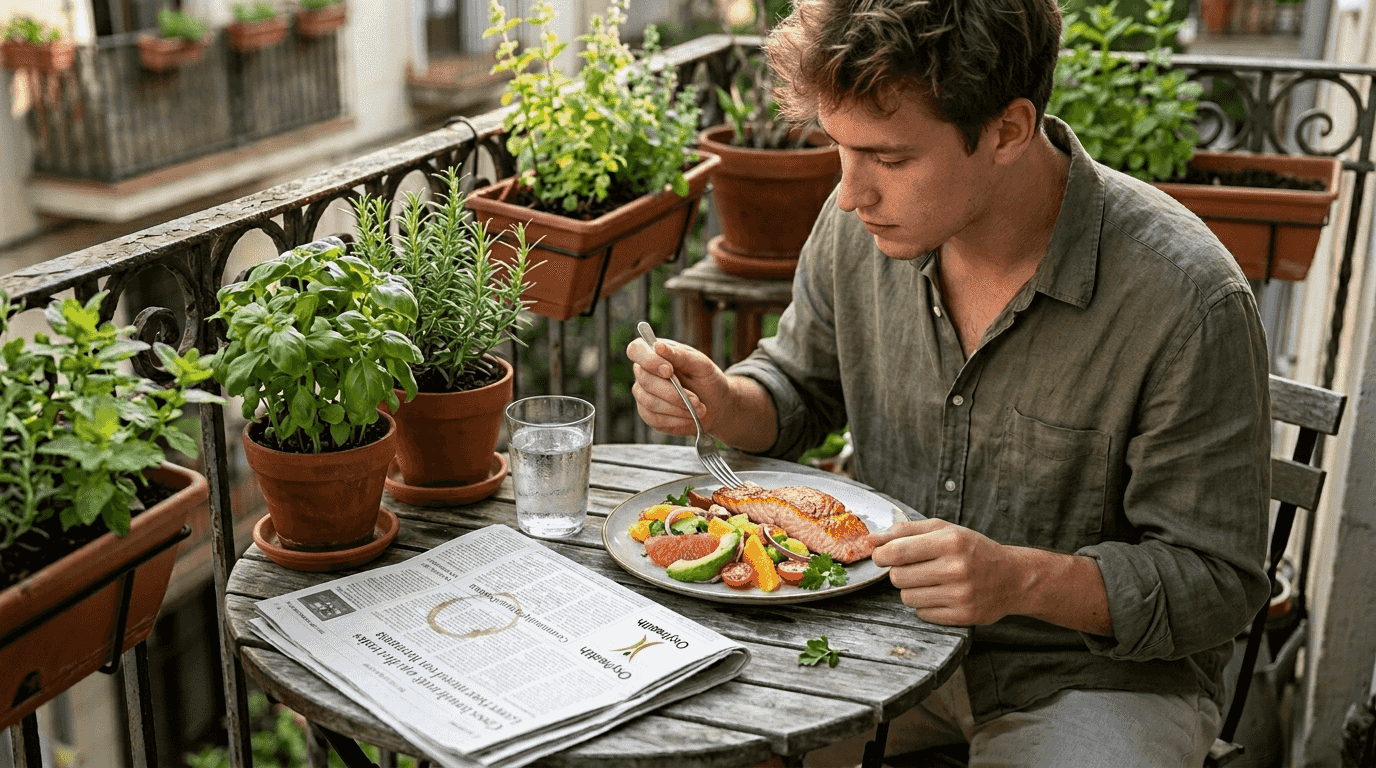 Man eating meal rich in skin nutrients