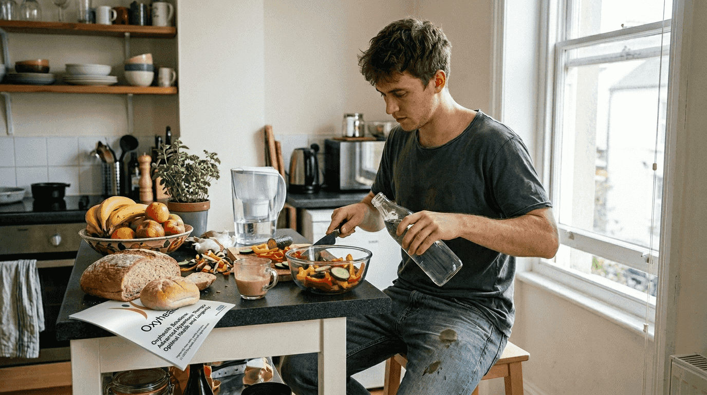 Man preparing high-fibre salad and water