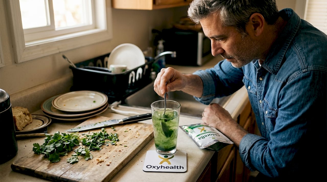 Man mixing chlorella supplement into smoothie