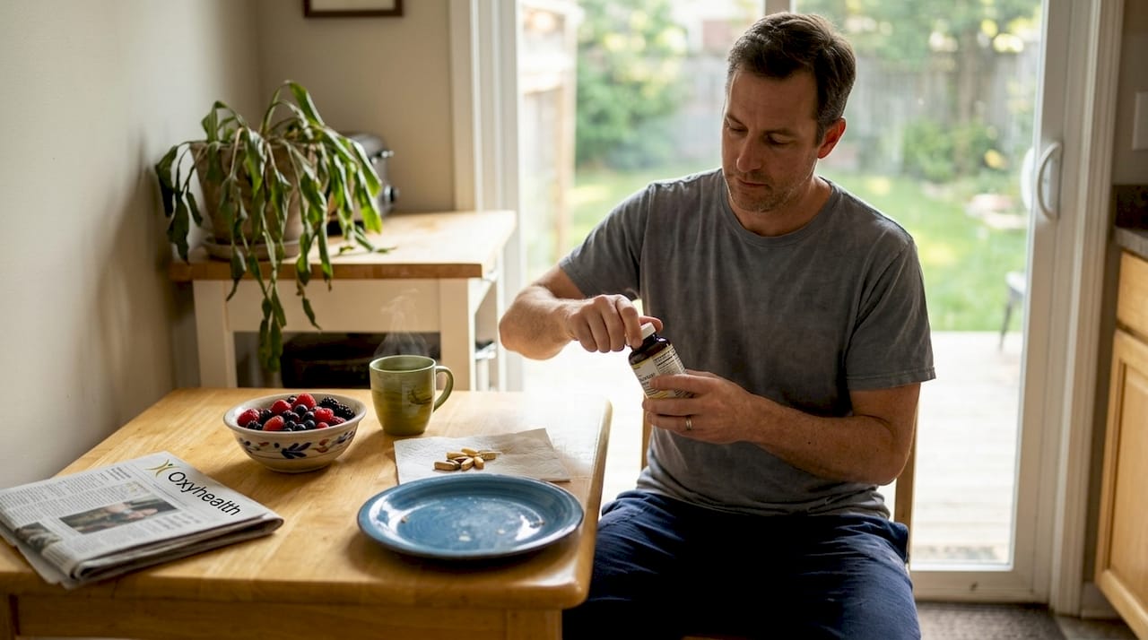 Man taking supplements with breakfast at home