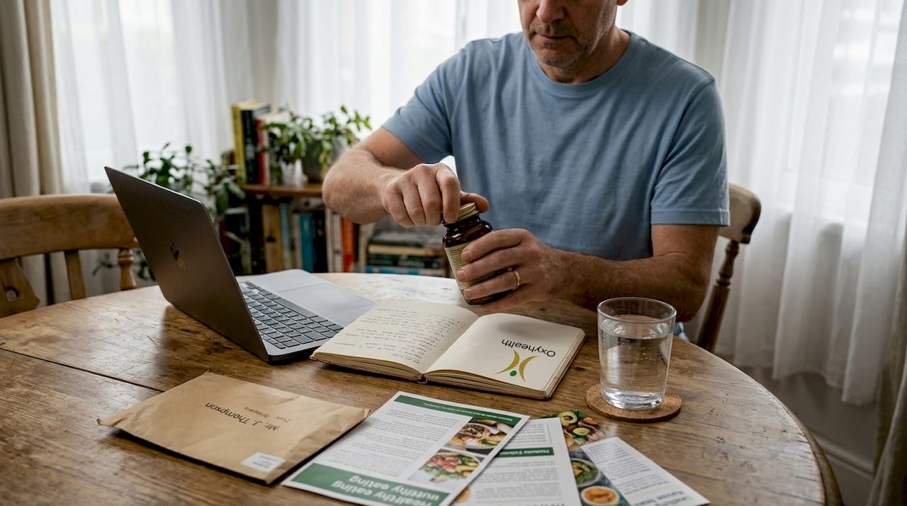 Man opening plant-based supplement bottle at table