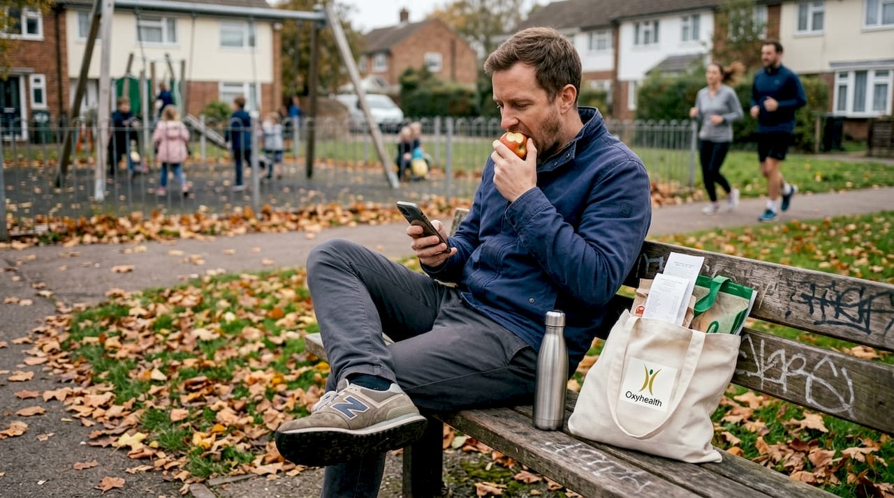 Man practices wellness on UK park bench