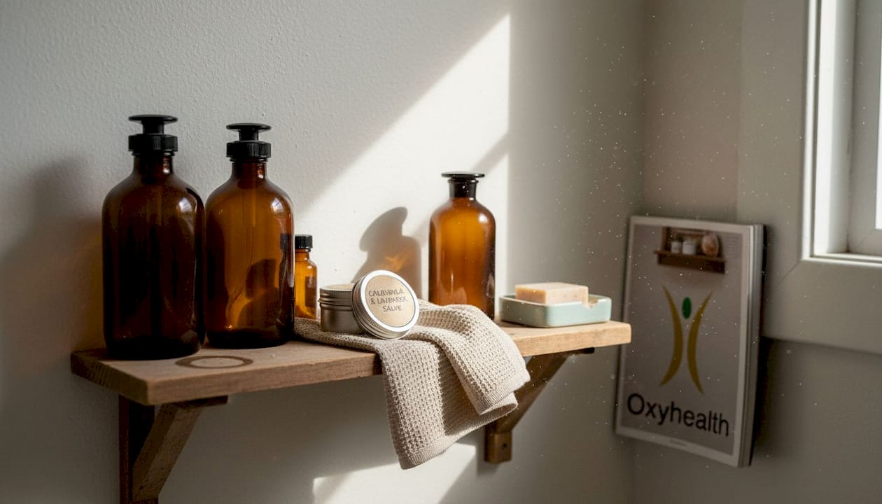 Shelf with organic skin care storage essentials