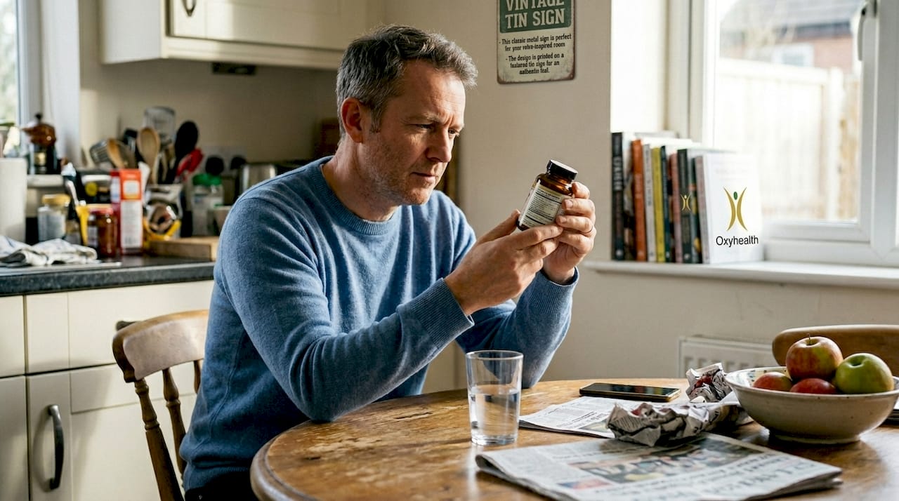 Man checking vitamin supplement label at table