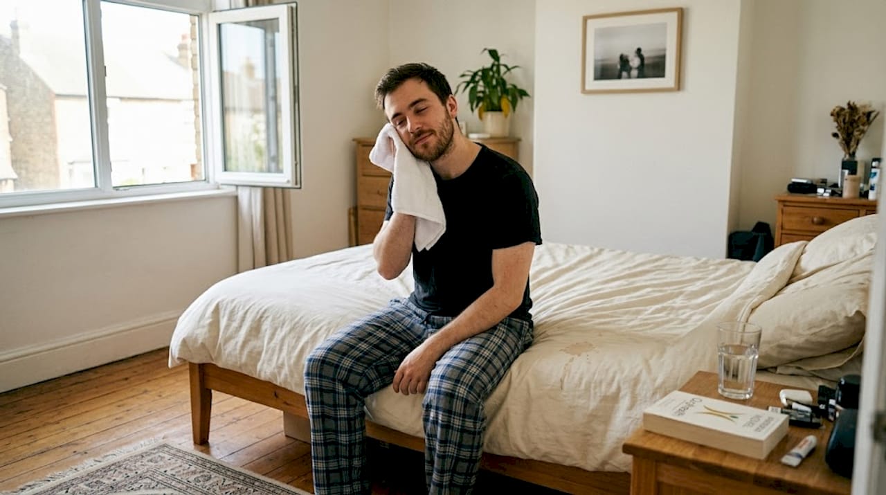 Man drying face after gentle cleansing