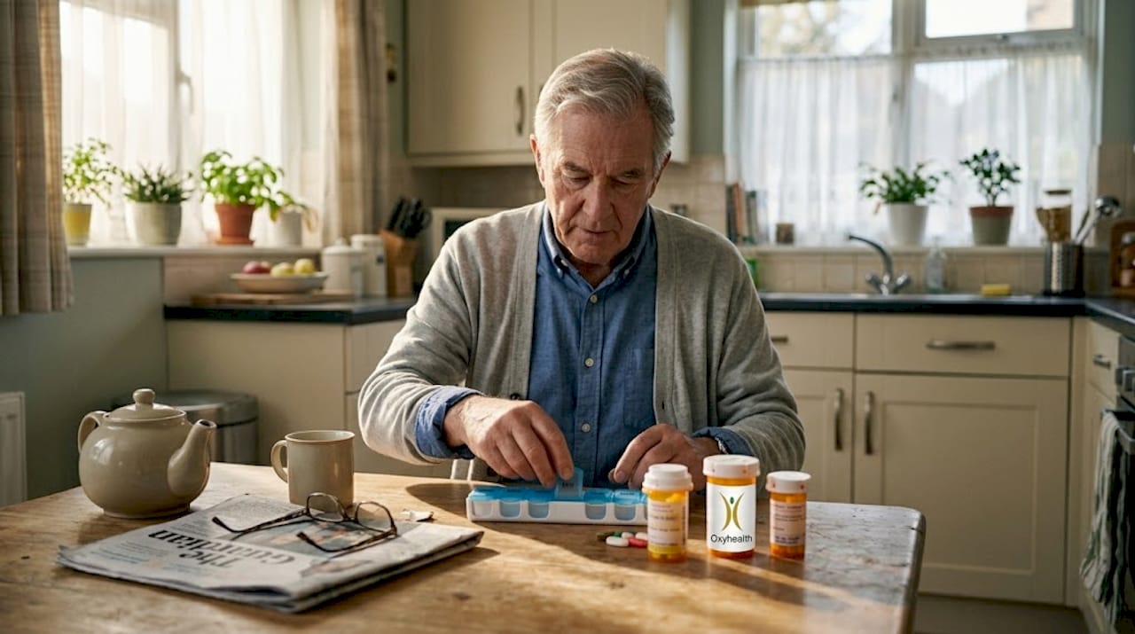 Older man organizing daily medications at kitchen table