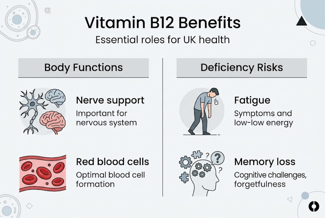 Infographic of B12 key roles and deficiency risks