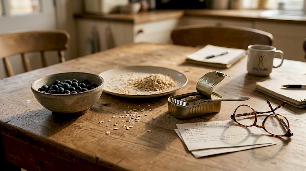 Local UK superfoods arranged on kitchen table