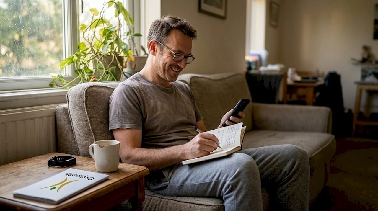 Man tracking wellness at home with journal and phone