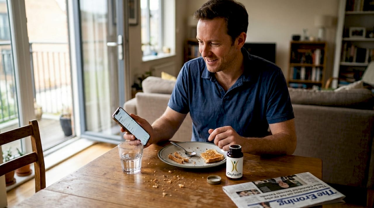 Man setting vitamin reminder on phone at breakfast
