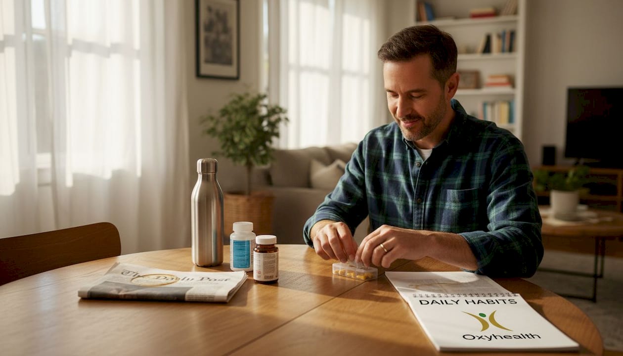 Man organizing daily mineral supplements at table