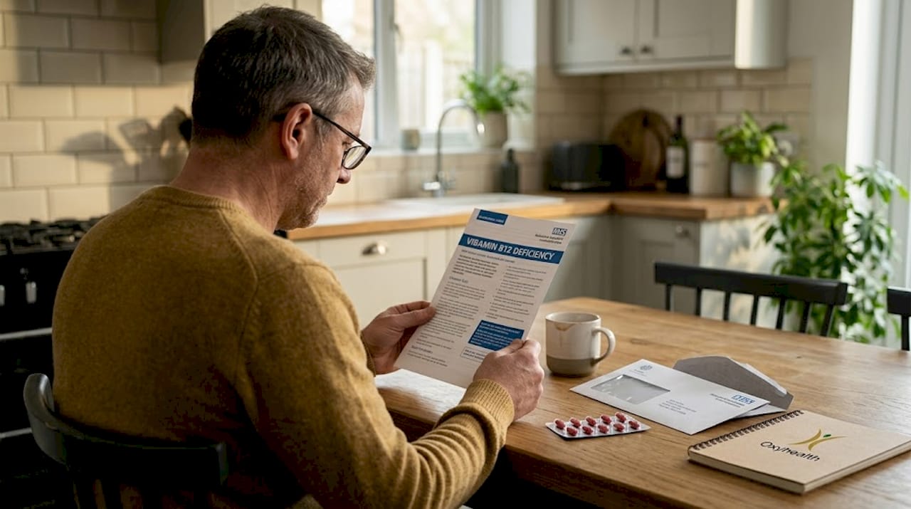 Man reading vitamin B12 deficiency leaflet